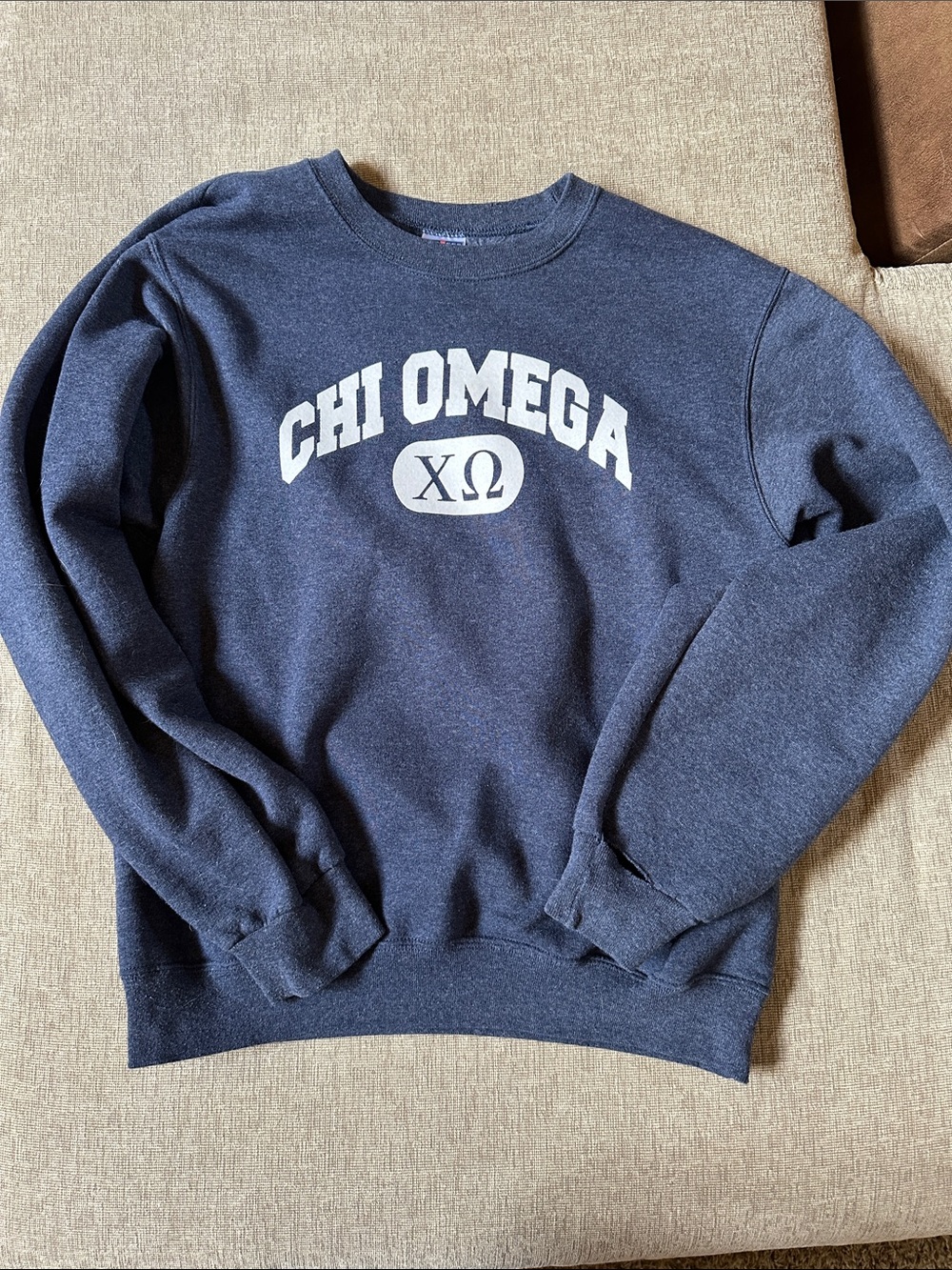 Jerzees light Navy Chi Omega Crewneck Sweatshirt with White Lettering Sz. small